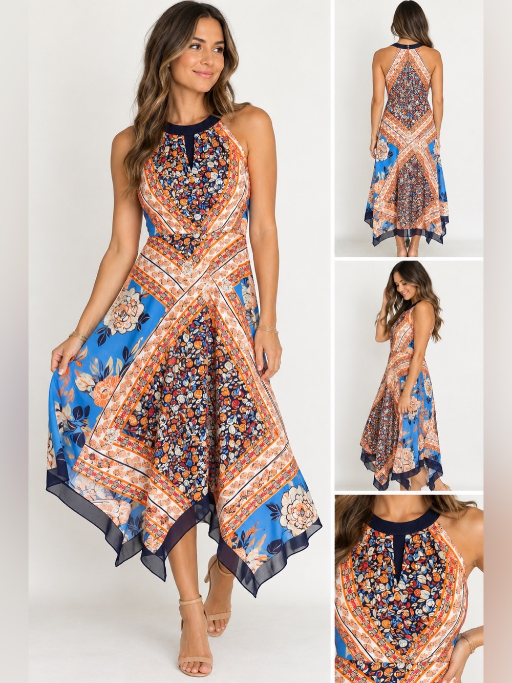 En Focus Studio Dress 12 Floral Handkerchief Midi Resort Vacation Wedding K16
